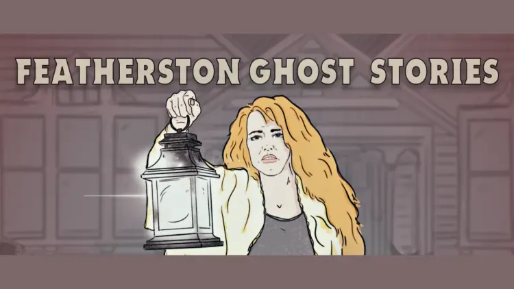 Drawing of woman holding a lantern, reading Featherston Ghost Stories