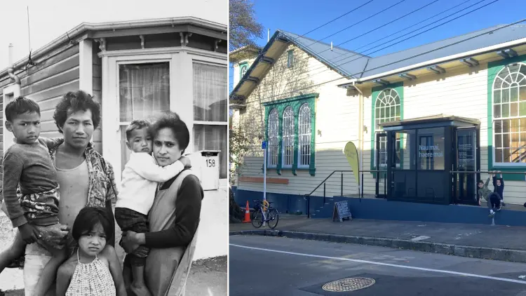 Two photographs: black and white photo of a parents and three childen on left, colour photo of a house by a bus stop on the right