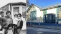 Two photographs: black and white photo of a parents and three childen on left, colour photo of a house by a bus stop on the right