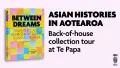 Text: "Asian Histories in Aotearoa, Back-of-house at Te Papa". Book "Between Dreams" on the left, pink background