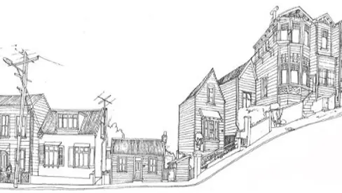 Pencil sketch of houses