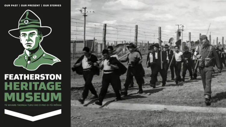 "Featherston Heritage Museum", prisoners and army personnel walking near a wire fence
