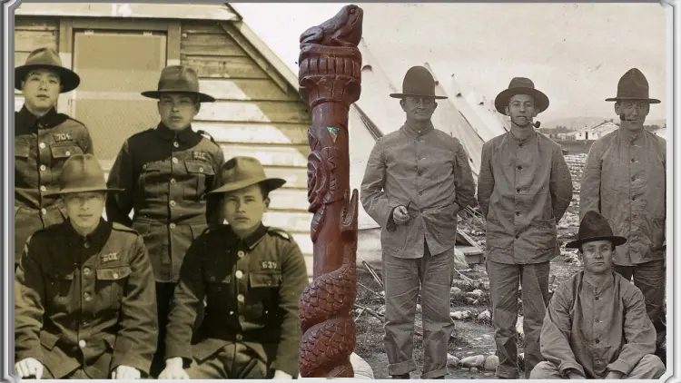 Soldiers from WWI standing near a pouwhenua