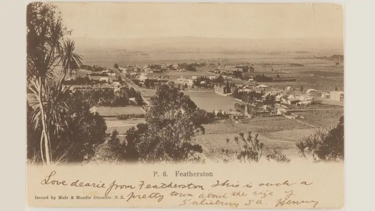 A historic postcard showing the town of Featherston
