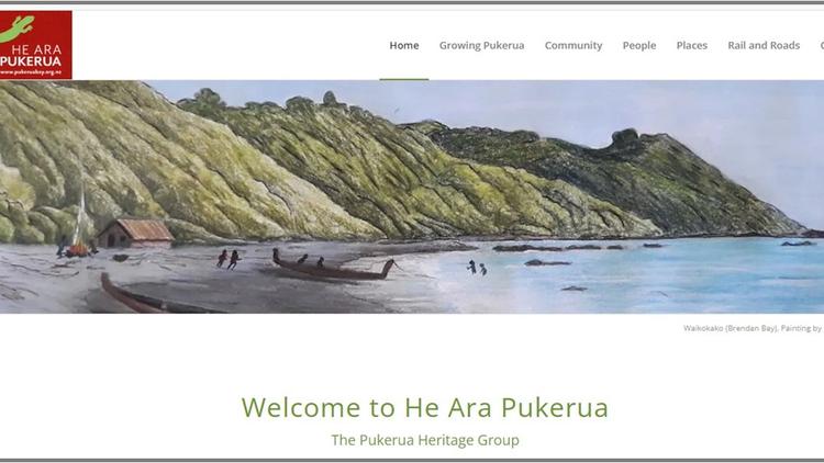 Landscape painting titled Waikokako (Brendan Bay) by Paulie Morse. Two waka, a small whare and people are on the shore of the bay.