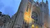 Exterior shot of large brick and stone cathedral