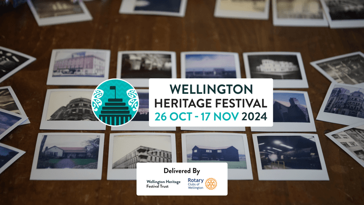 Polaroid photos on a table. Overlaid text reads Wellington Heritage Festival 2024