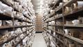 Photo showing shelves on the left and right hand side of the image filled with paper documents. 