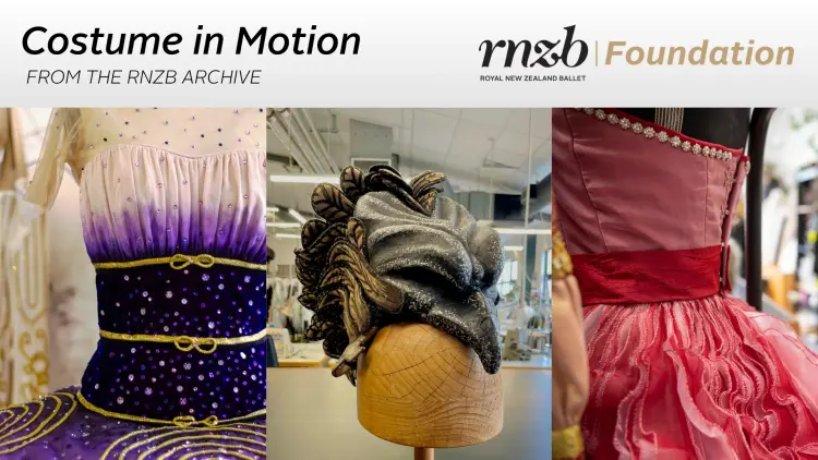"Costume in motion. From the RNZB Archive" Three photos of colourful costumes