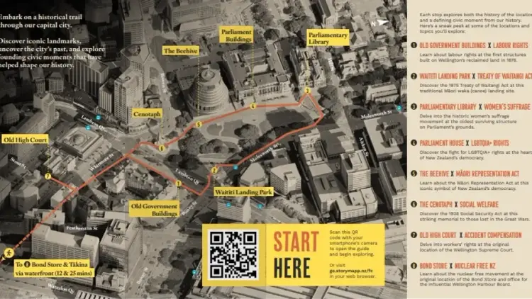 Map with yellow boxes of text and a QR code, text on the right
