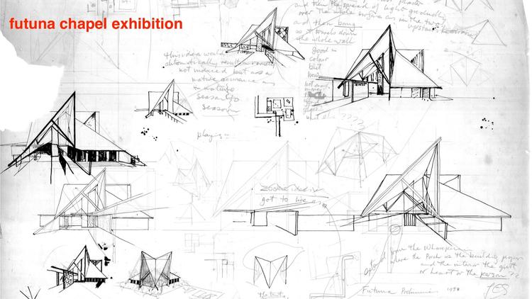 Pencil on paper sketches of the Futuna chapel by John Scott