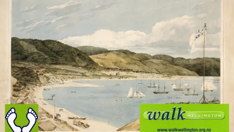 Postcard of a watercolour painting of a bay with green hills and white ships. Green logos on bottom left and right of image,