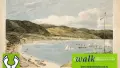 Postcard of a watercolour painting of a bay with green hills and white ships. Green logos on bottom left and right of image,