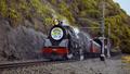 A black steam locomotive pulls carriages along a rain line and out a tunnel.