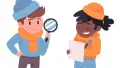 Cartoon figures of two people, one holding a magnifying glass, the other holding pen and paper
