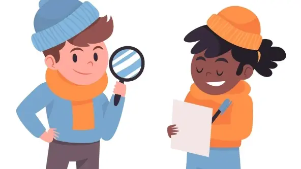 Cartoon figures of two people, one holding a magnifying glass, the other holding pen and paper