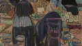 Painting of people in black at a table