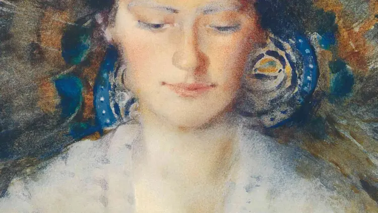 Painting by Frances Hodgkins depicting a women with brown hair holding a white tea cup.