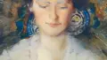 Painting by Frances Hodgkins depicting a women with brown hair holding a white tea cup.