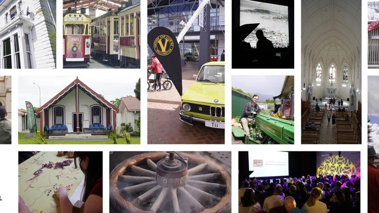 Collage of photos from heritage sites in event. Wellington Heritage Festival logo in bottom left corner.