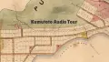 1841 sepia toned planning map of Wellington featuring Lambton Quay and the waterfront. Text on top reads: Kumutoto Audio Tour