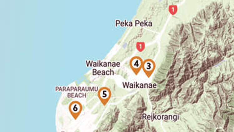 A map of the Kāpiti coast, highlighting 9 museums in the area.