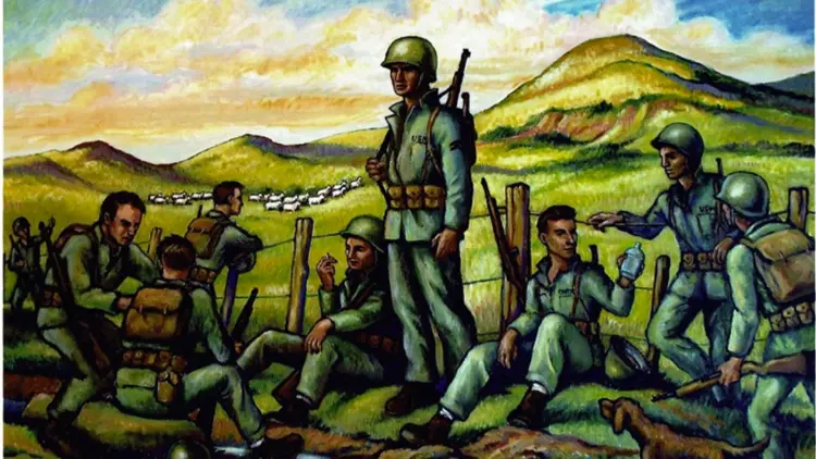 Painting of soldiers in green uniforms and helmets, sitting at a wire fence