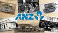 Image of ANZ logo with old photos in the background of an old bank, workers and examples of some of the equipment used. 