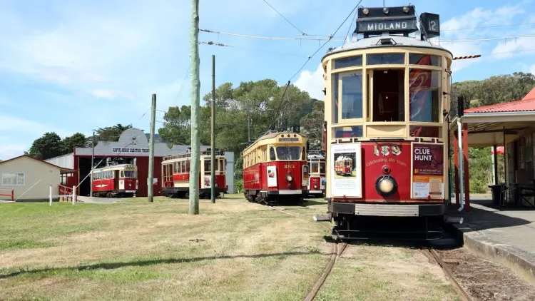 Photograph of the old Wellington trams, outside the tram station at The Wellington Tramway Museum.