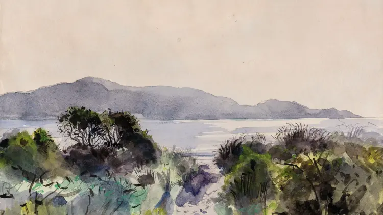 Watercolour painting of trees near the beach and hills in the distance