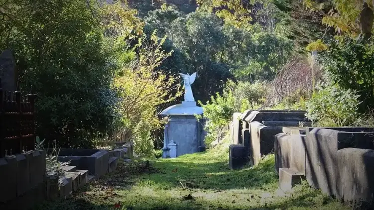 Graveyard with green grass and trees, angel stone statue in the background