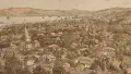 Illustration looking down at Thorndon area in 1894, many cream coloured red-roofed houses with Wellington harbour and hills in the distance