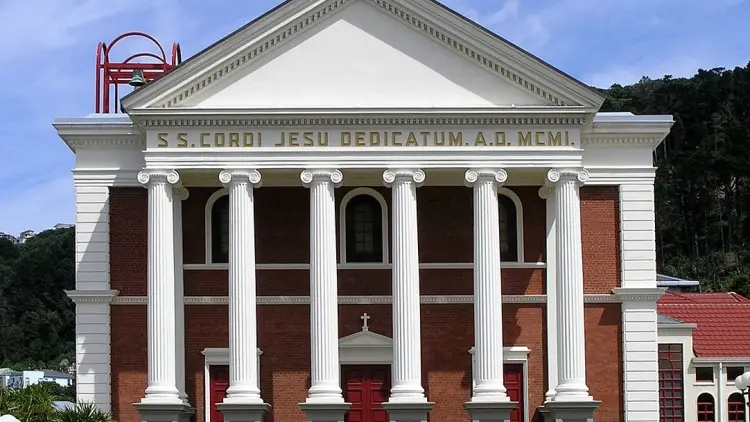Exterior shot of church with columns