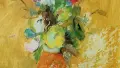 Painting of colourful flowers in an orange vase, light brown background