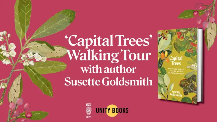 Pink image with leaves and a book, reading 'Capital Trees' Walking Tour with author Susette Goldsmith