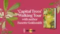 Pink image with leaves and a book, reading 'Capital Trees' Walking Tour with author Susette Goldsmith