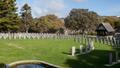 Daylight photo of Karori Cemetery. Concentric grave circles with a pond in the foreground.