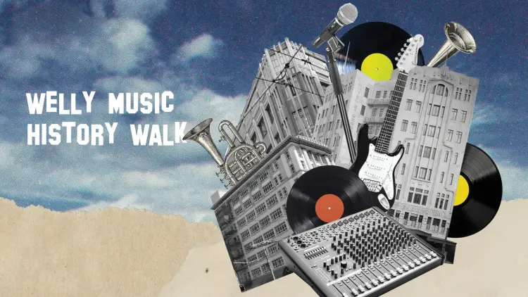 Banner of collage of buildings and vinyl records