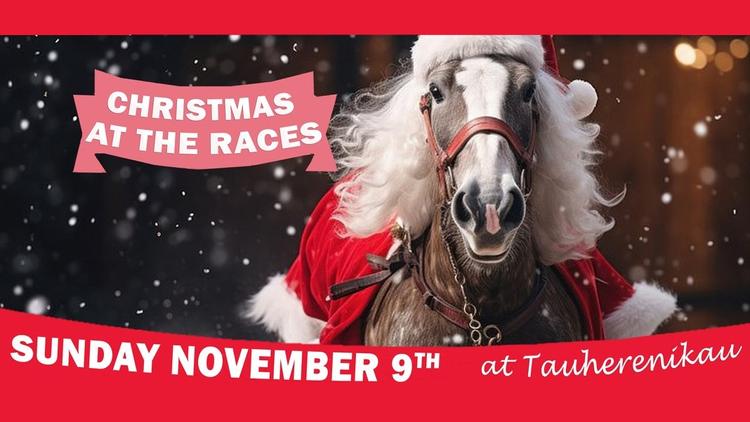 AI Generated banner with a horse dressed as Santa Claus. Reads Christmas At The Races, Sunday November 9th.