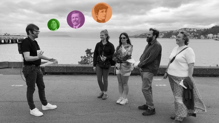 Steel Pony tour guide with four attendees on the Wellington Waterfront.