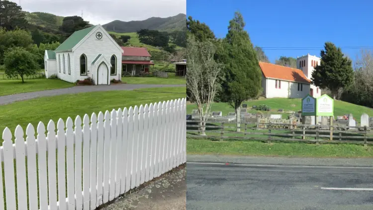 Two colour photographns of chapel buildings behind wooden fences on bright green lawns