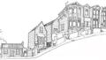 Illustration showing a hilly road lined with historic wooden houses 
