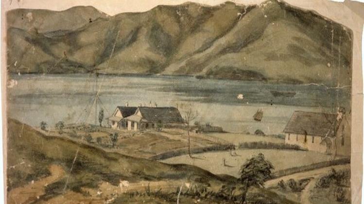 Old painting of houses near water and rolling hills