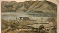 Old painting of houses near water and rolling hills