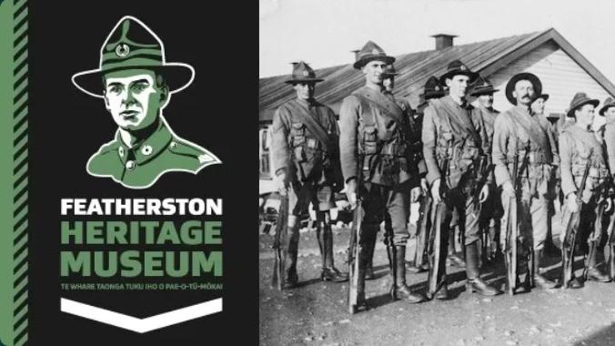 Text reading Featherston Heritage Museum. Soldiers stand to the right.
