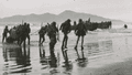 US Marines in World War 2 haul equipment ashore in front of Kāpiti island, with landing craft behind them.