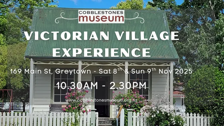 Victorian house with overlay text