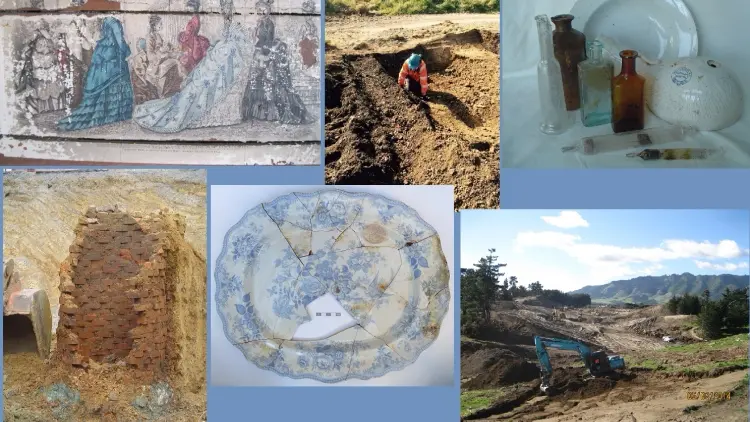 Various images of frescoes, dig site and glass bottles