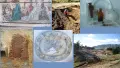 Various images of frescoes, dig site and glass bottles