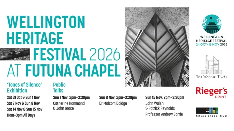 Image reading Wellington Heritage Festival 2026 at Futuna Chapel with sponsors and date information